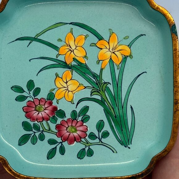 Vintage Square Ceramic Floral Trinket Dish With Gold Rim - Picture 2 of 5